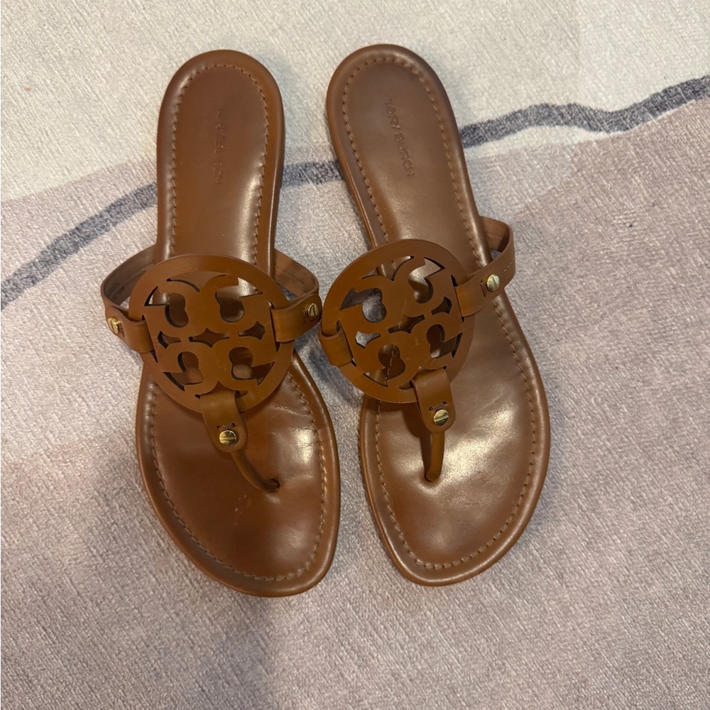 Tory Burch Brown Leather Logo Thong Sandals